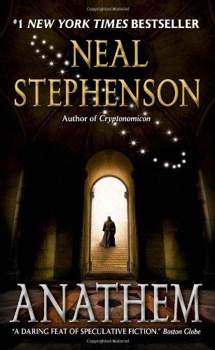 Anathem paperback cover, a robed figure descending stone steps toward a glowing archway lined with stars