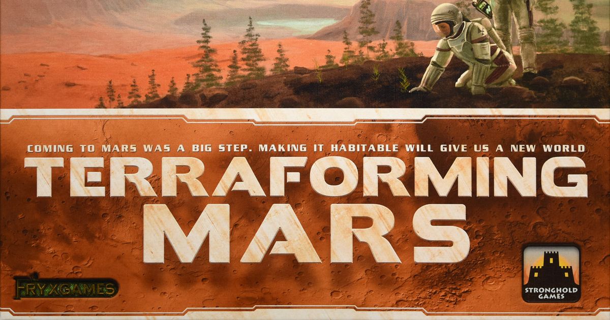 Terraforming Mars box art, an astronaut kneeling beside young pine seedlings on the red Martian surface